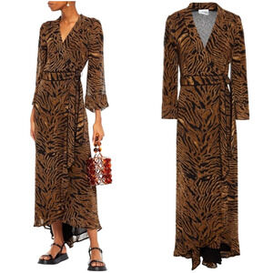 Ganni 2 Georgette Tiger Print Midi Wrap Dress Long Sleeve Maxi Animal Brown 34